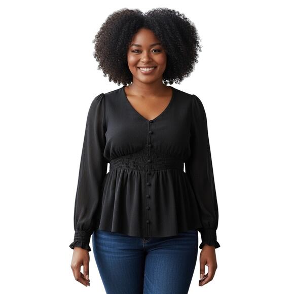 NWT Torrid Smocked Waist Long Sleeve Chiffon Blouse Black - Picture 7 of 8